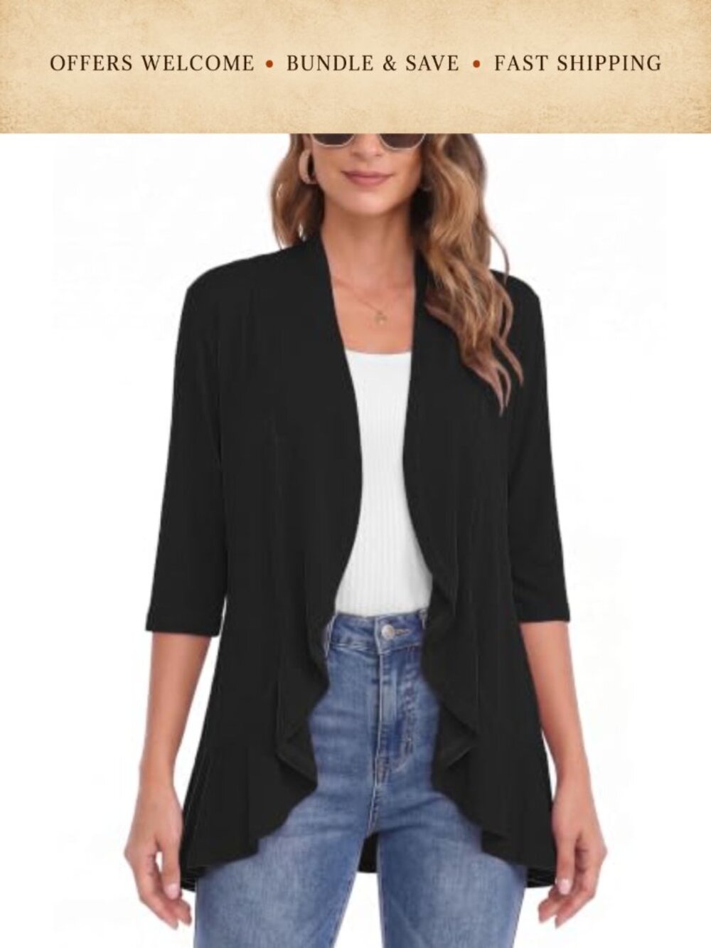 Women's Lightweight Open Front Ruffle Drape Cardigan 3/4 Sleeve Shrug